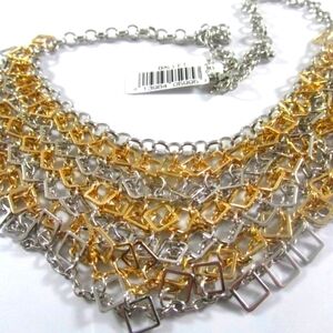 NWT Gold & Silver Multi Squares Intertwined Layered Bib Necklace